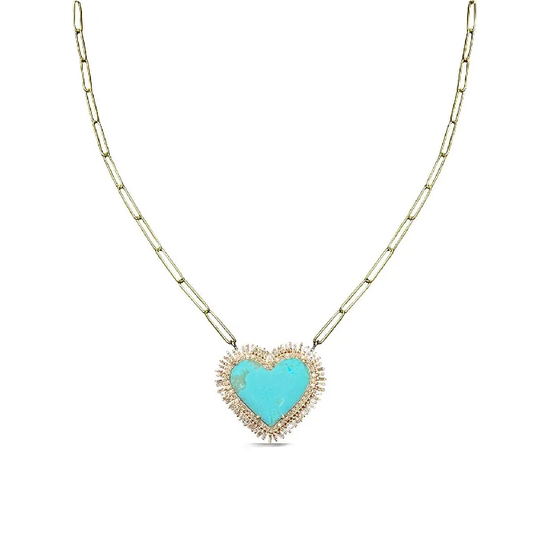 Vintage-style ladies necklaces-14K Baguette Turquoise Heart Charm Necklace