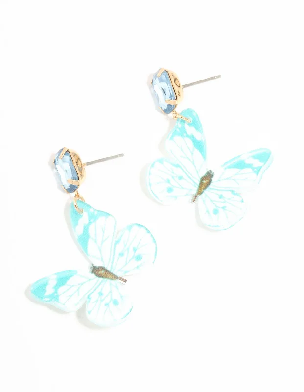 Sterling silver ladies earrings-Blue Acrylic Butterfly Drop Earrings