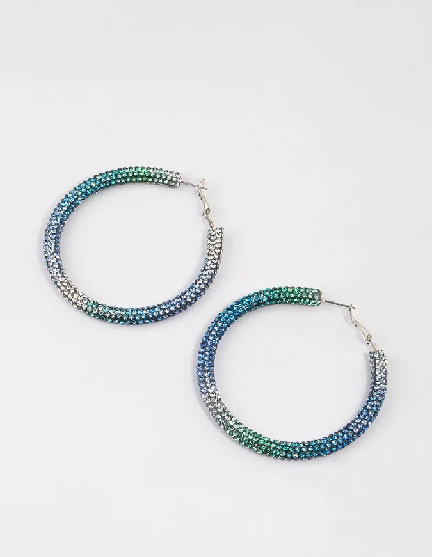 Trendy geometric ladies earrings-Silver Blue Jet Crusted Hoop Earrings