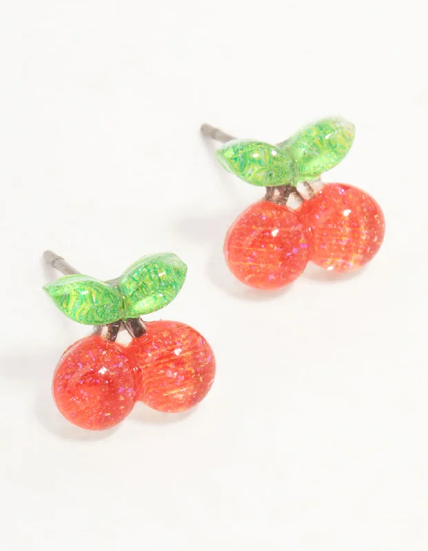 Silver ladies earrings for evening wear-Red & Green Bubble Cherry Stud Earrings