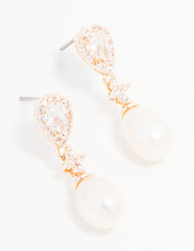 Elegant diamond ladies earrings-Rose Gold Plated Cubic Zirconia Halo Pearl Drop Earrings