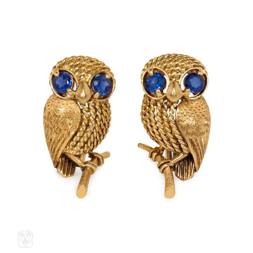 Affordable ladies earrings with diamonds-Gold and sapphire owl earrings, Cartier