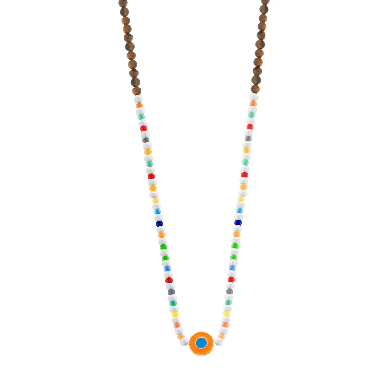 Wedding necklaces for ladies-Enameled Neon Orange Evil Eye Disk on Beaded Necklace