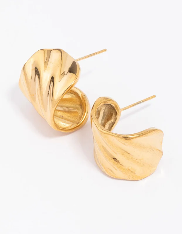 Large dangle earrings for women-Waterproof Gold Plated Stainless Steel Wavy Wide Hoop Earrings