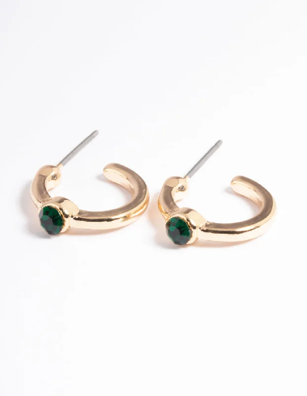 Beautiful emerald ladies earrings-Gold Diamante Stone Huggie Earrings