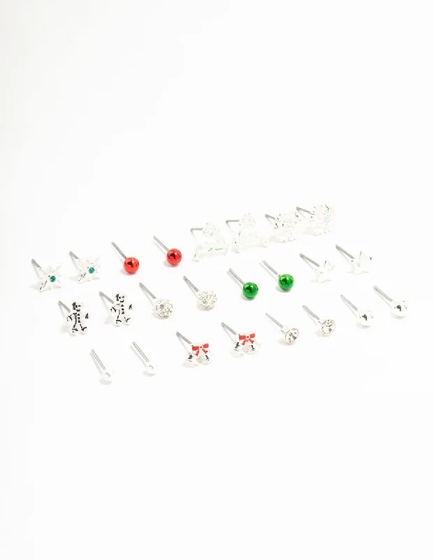 Modern ladies earrings with crystals-Gingerbread Man & Red Bow Stud Earrings 12-Pack