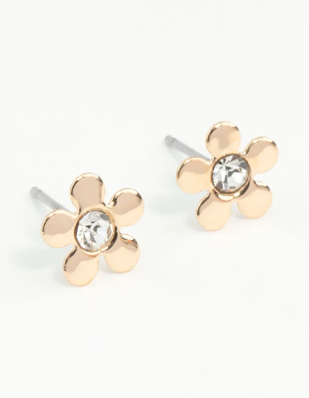 Chic and trendy ladies earrings-Gold Mini 70s Dia Flower Stud Earrings