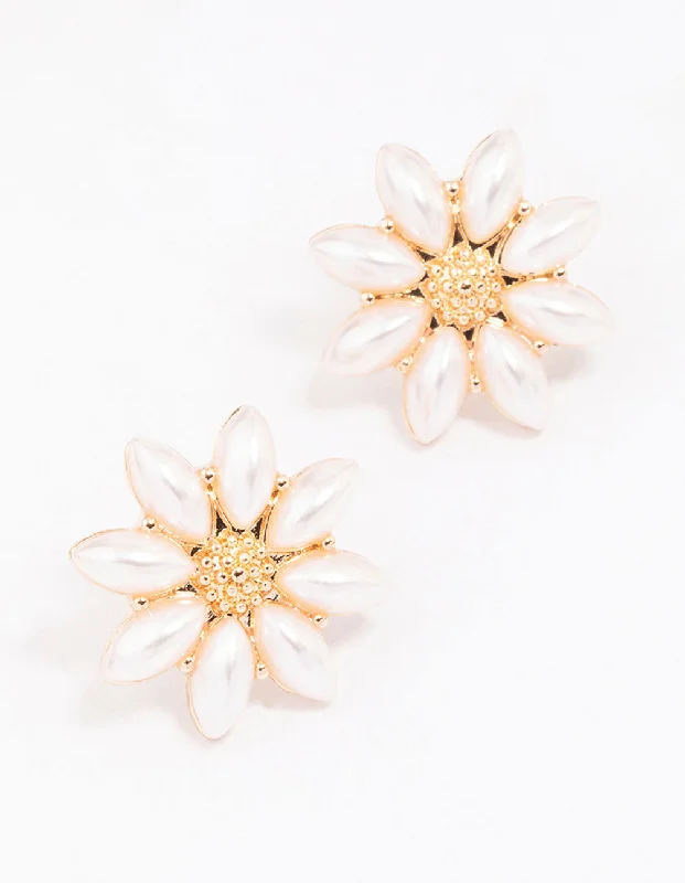 Drop ladies earrings with pearls-Gold Pearl Flower Stud Earrings