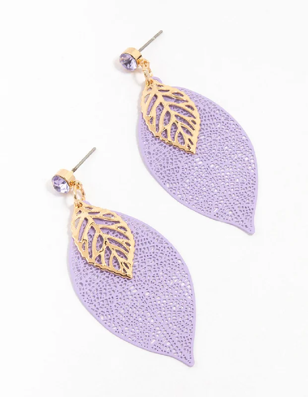 Trendy gold ladies earrings-Purple & Gold Diamante Filigree Flower Drop Earrings