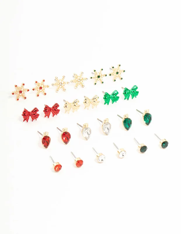 Vintage pearl earrings for ladies-Snowflake & Bow Stud Earrings 12-Pack