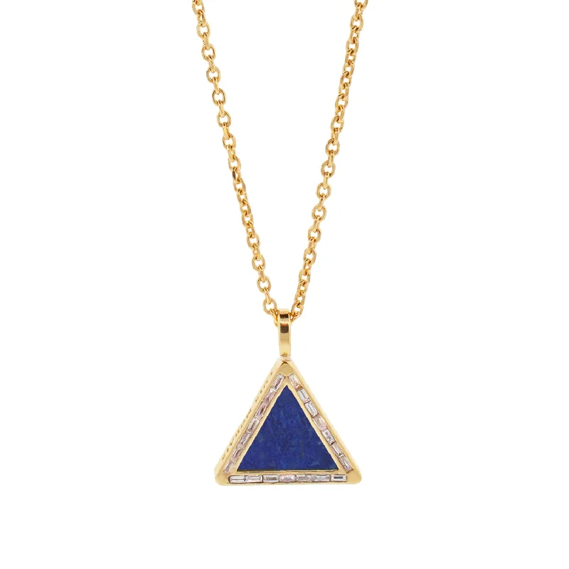 Simple gold ladies necklaces-Lapis Triangle Pendant Necklace with Diamond Baguettes