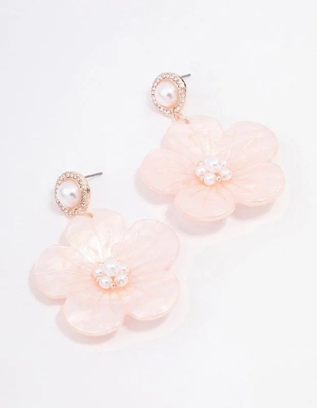 Crystal ladies earrings for parties-Rose Gold Acrylic Flower Pearl Drop Earrings