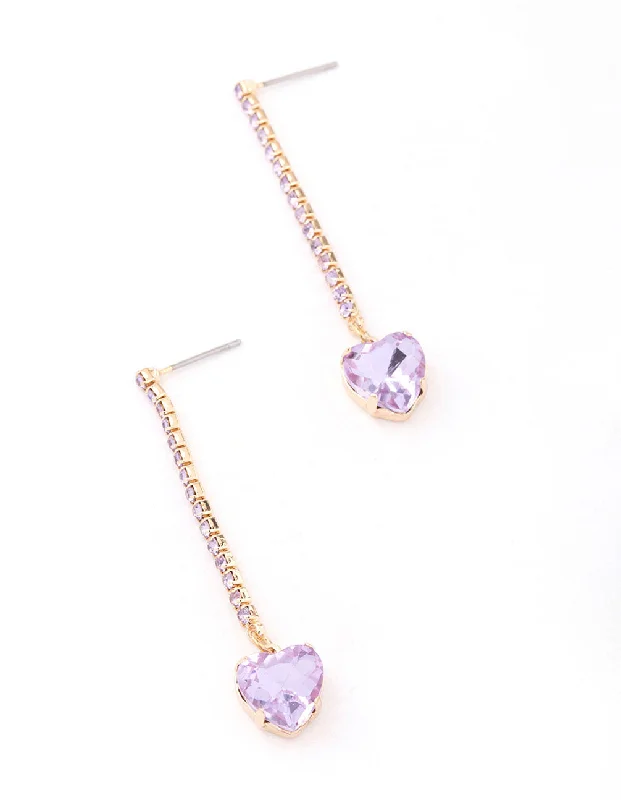 Small hoop earrings for ladies-Purple Diamante Heart Cup Chain Drop Earrings