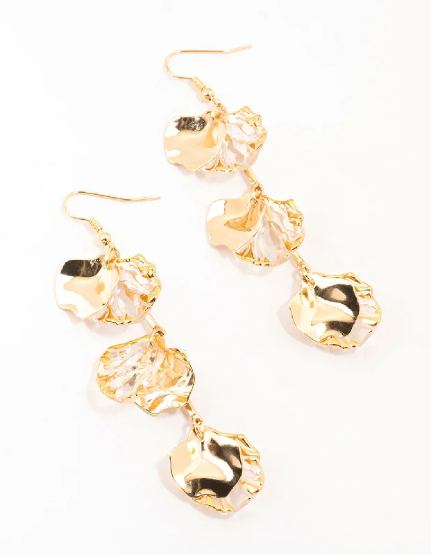 Stylish statement earrings for ladies-Gold Holographic Petal Bar Drop Earrings