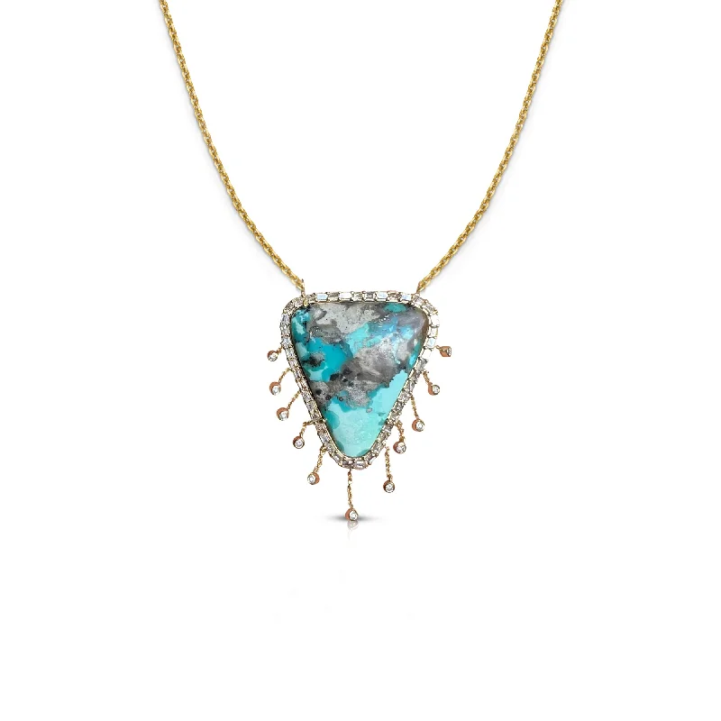 Stackable ladies necklaces for layering-14k Turquoise Diamond Dangle Shield Necklace