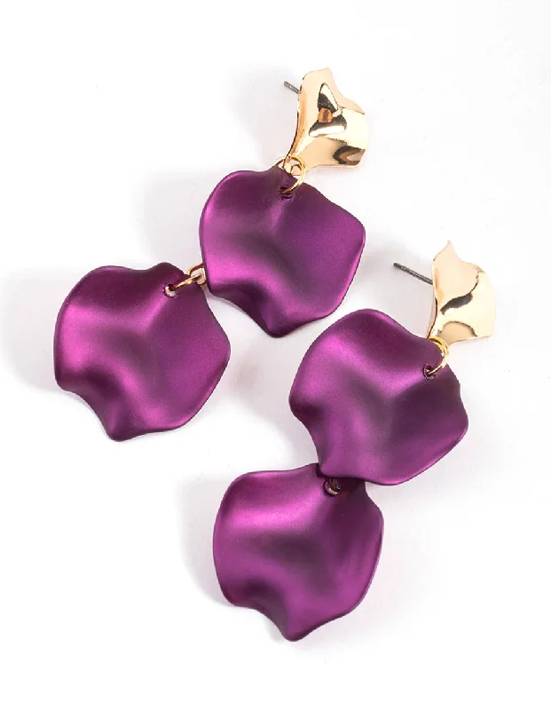 Handcrafted gold ladies earrings-Purple Warp Double Petal Drop Earrings