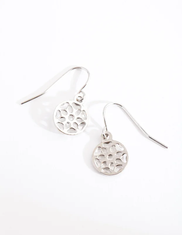 Classic gold hoop ladies earrings-Silver Filigree Disc Drop Earrings