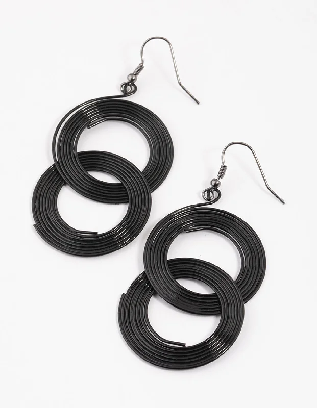 Elegant stud earrings for women-Coated Black Linked Coil Drop Earrings