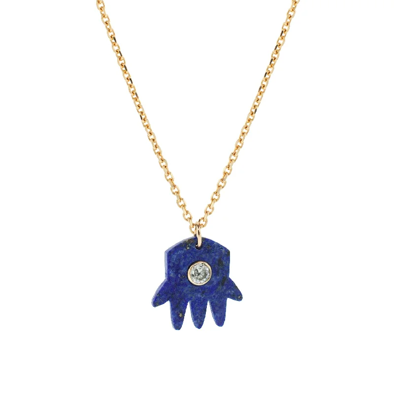 Personalized ladies necklaces with pendants-Lapis Hand and White Diamond Pendant Necklace