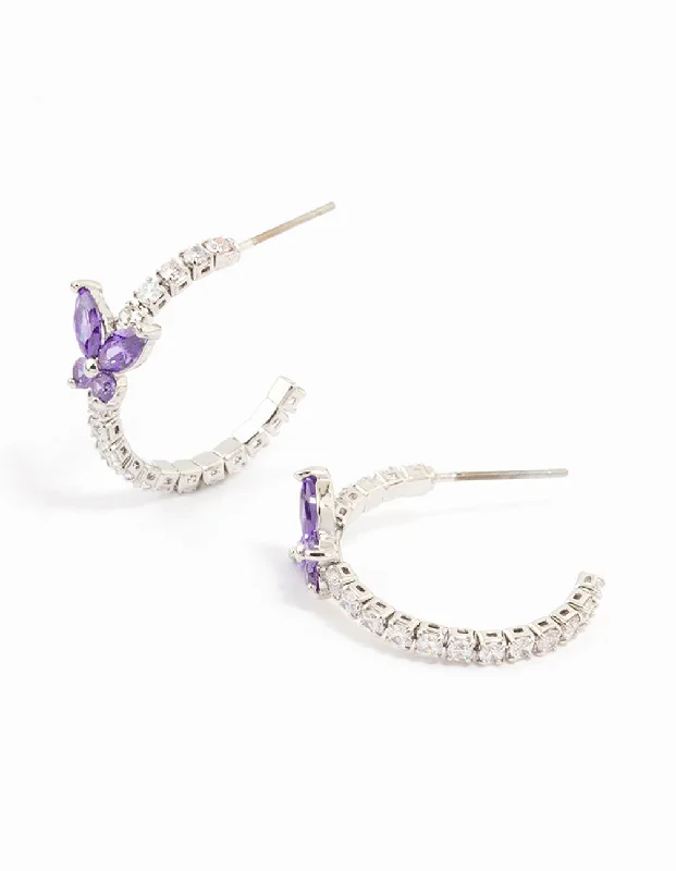 Long drop earrings for fashion-Diamante Silver Cupchain Butterfly Hoop Earrings