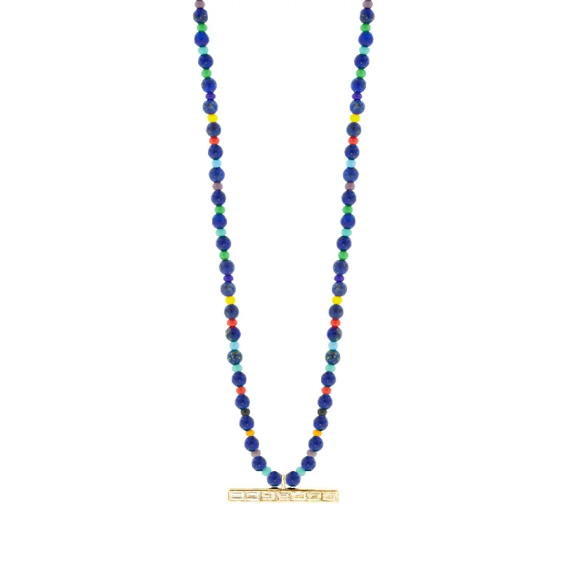 Affordable ladies necklaces with pendants-TLC Diamond Baguette ID Bar on Lapis Beaded Necklace