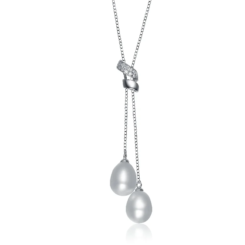 Personalized pendant ladies necklaces-Sterling Silver Cubic Zirconia Faux Pearl Duo Necklace