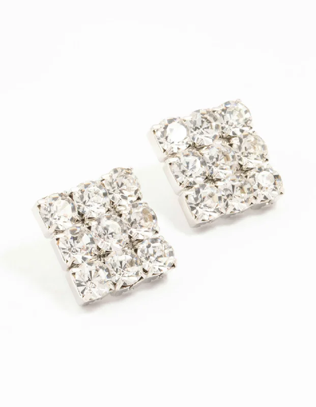 Stylish hoop earrings for women-Silver Circular Diamante Square Statement Studs