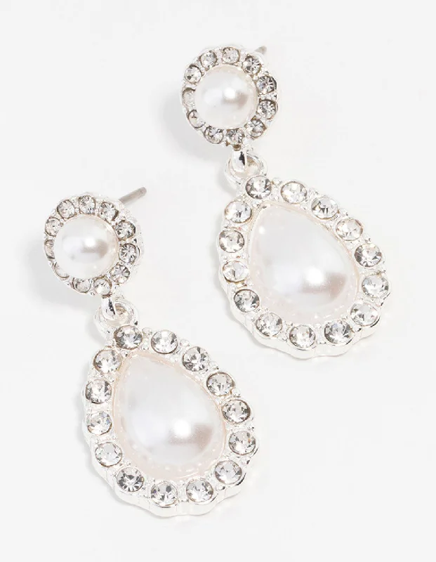 Birthstone stud ladies earrings-Silver Diamante Encased Pearl Drop Earrings