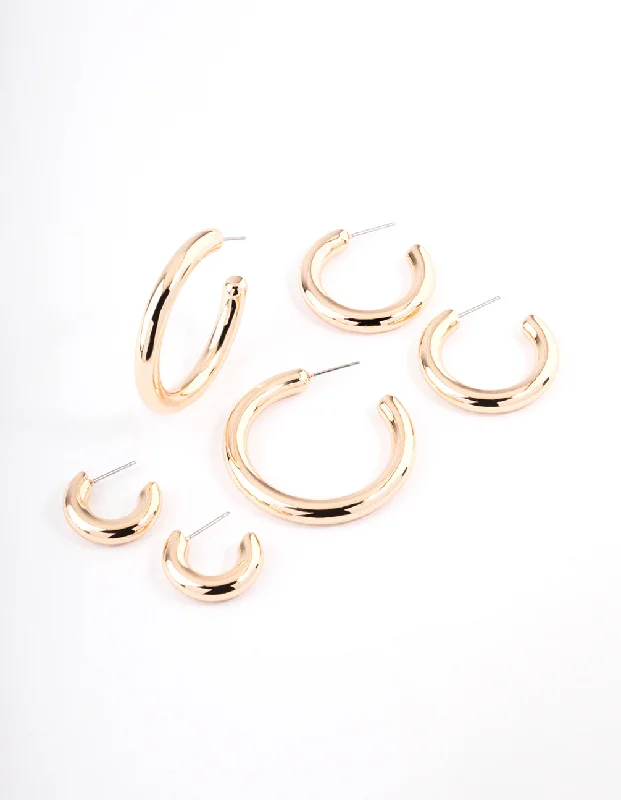 Fashionable dangle earrings-Gold Puffy Mixed Hoop Earrings Pack