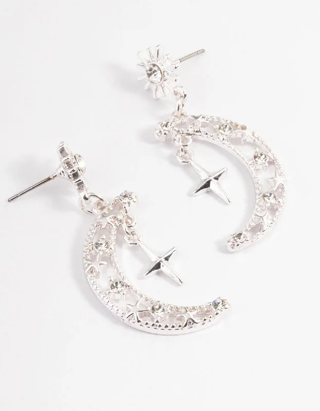 Trendy gold ladies earrings-Silver Diamante Celestial Drop Earrings