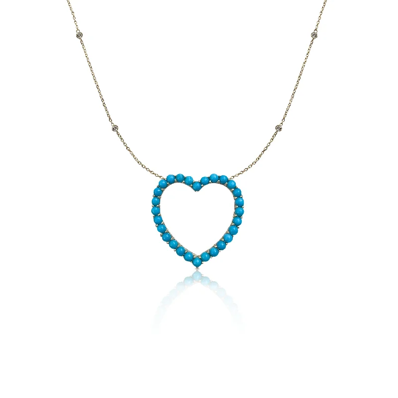 Minimalistic silver ladies necklaces-14k Diamond and Turquoise Open Heart Necklace