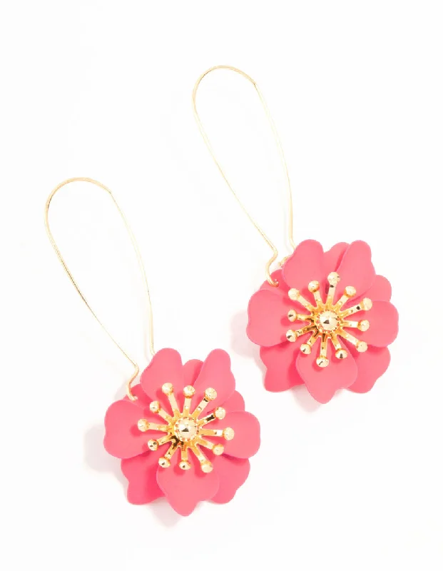 Classic gold hoop ladies earrings-Pink Flower Long Drop Gold Earrings