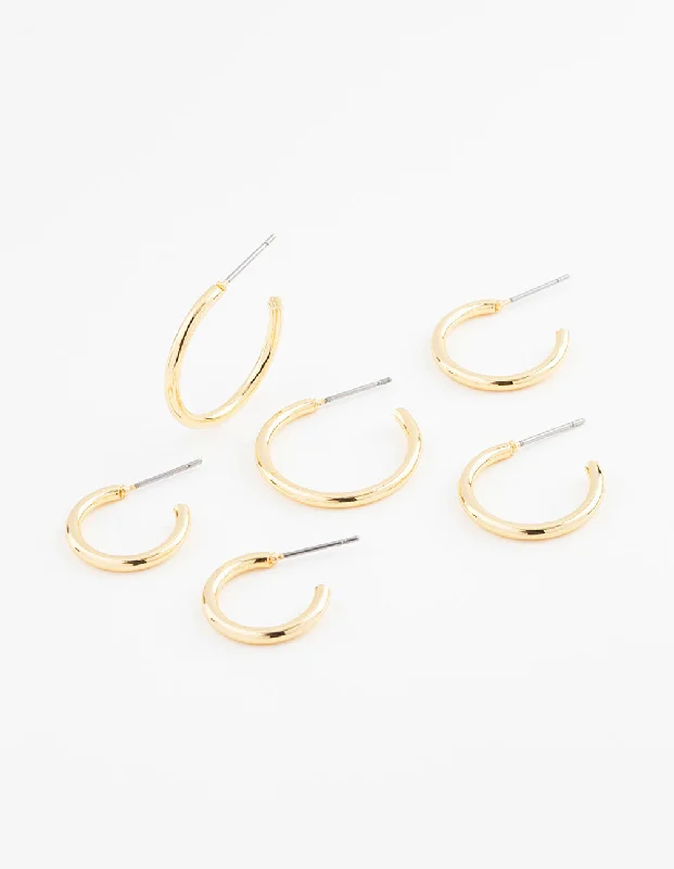 Small ladies earrings for casual wear-Gold Plated Thin Hoop Earring 3-Pack