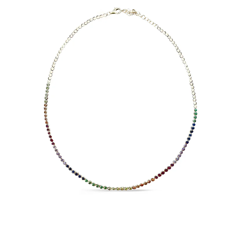 Wedding necklaces for ladies-14k Bezel Set Rainbow Sapphire Necklace