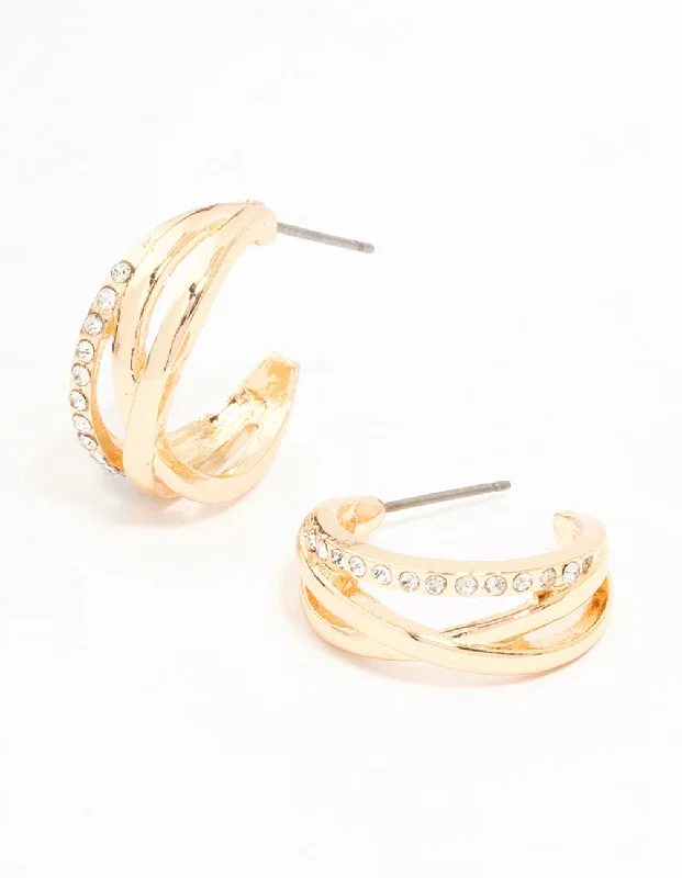 Drop ladies earrings with pearls-Gold Diamante Twisted Hoop Earrings