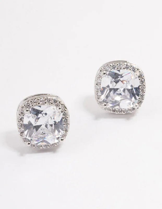 Elegant ladies earrings with sapphires-Silver Plated Cubic Zirconia Square Halo Stud Earrings