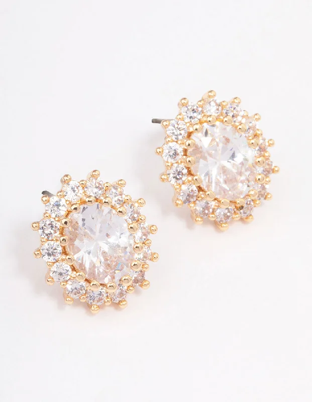 Unique gemstone ladies earrings-Gold Round Halo Stud Earrings