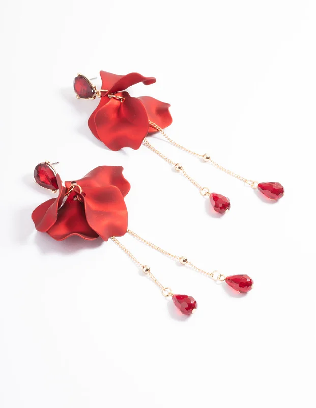 Affordable gold ladies earrings-Red Teardrop Stone Petal Drop Earrings