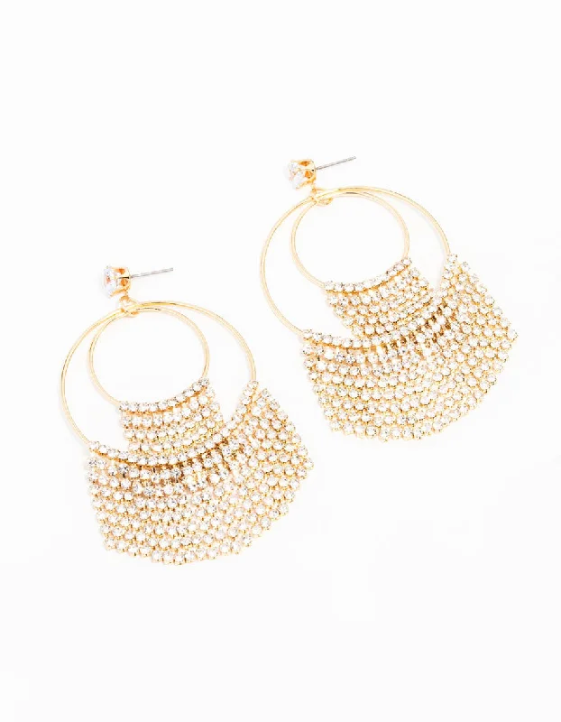 Elegant ladies earrings with sapphires-Gold Plated Diamante Fringe Rings Drop Earrings