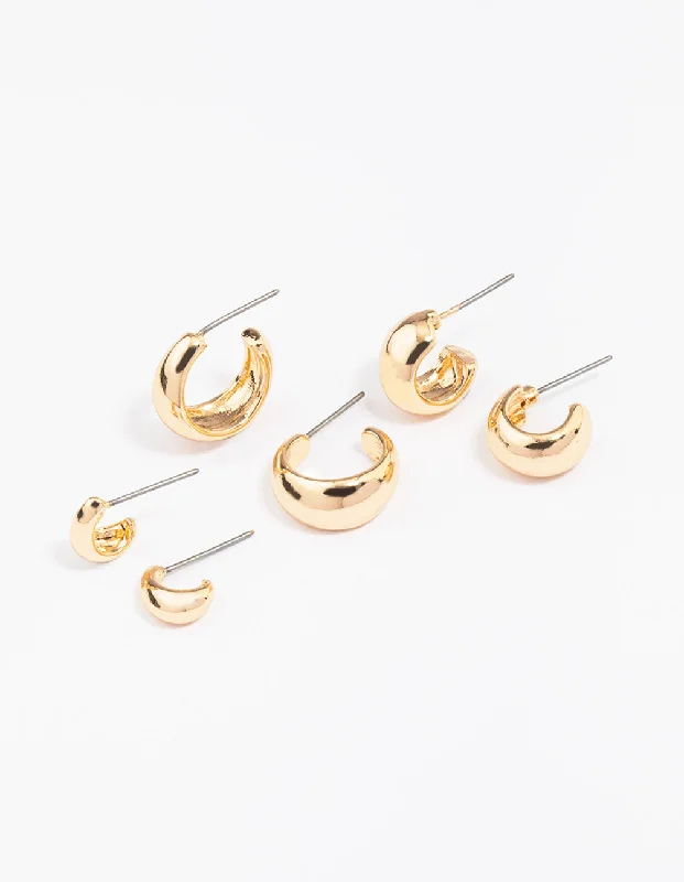 Custom design ladies earrings-Gold Mixed Gradual Simple Hoop Earring 3-Pack