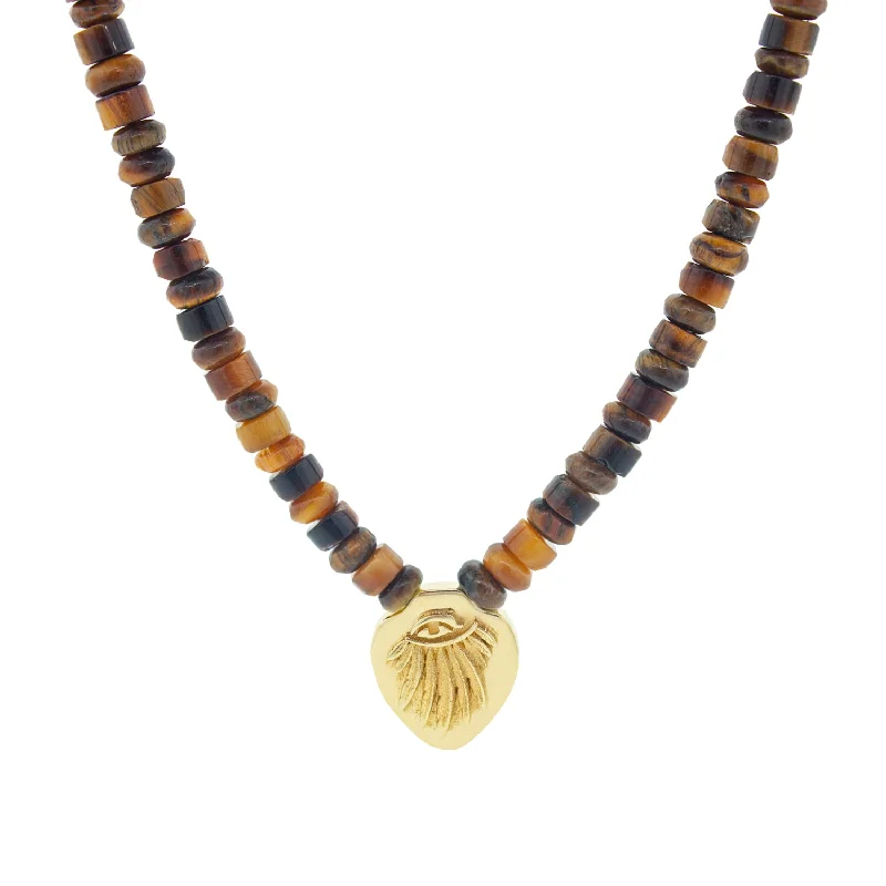 Elegant chain ladies necklaces-Angel Wing Shield Pendant on Tiger's Eye Beaded Necklace