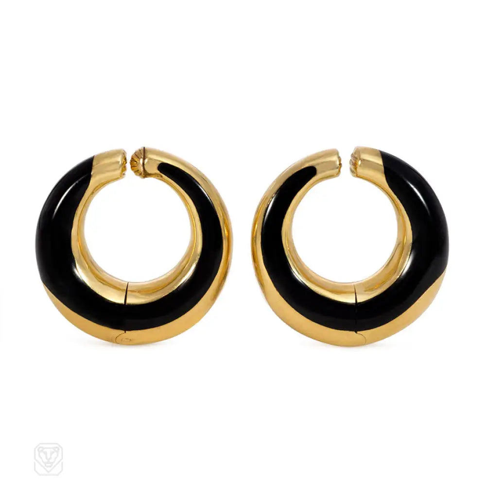 Unique ladies earrings for weddings-Black jade and gold hoop earrings, Cummings