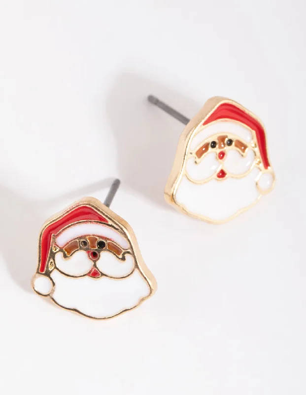 Affordable gold ladies earrings-Gold Enamel Santa Stud Earrings