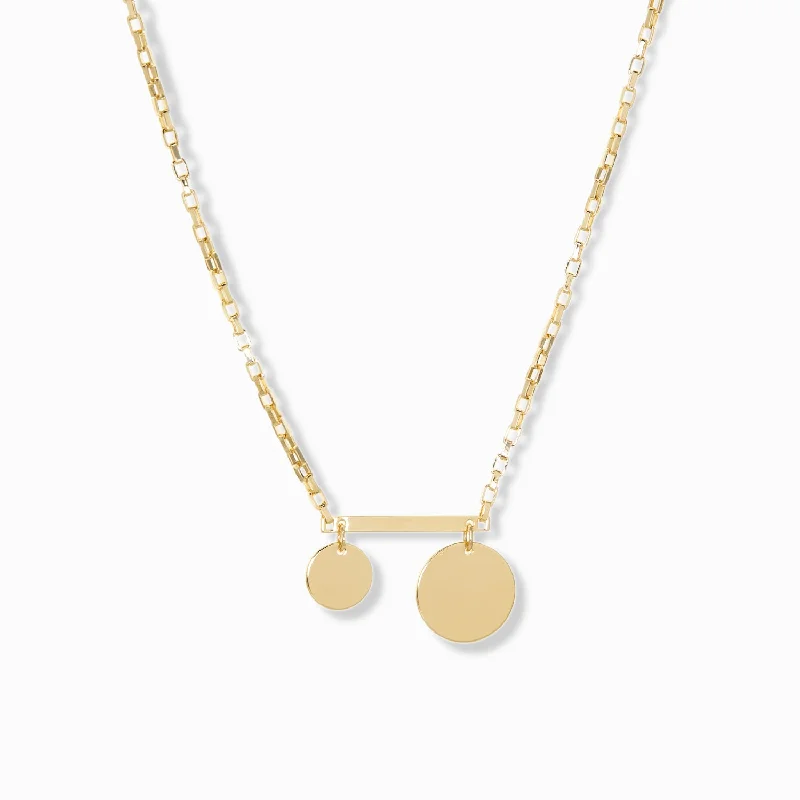 Two-tone gold ladies necklaces-box chain necklace with bar and disc charm