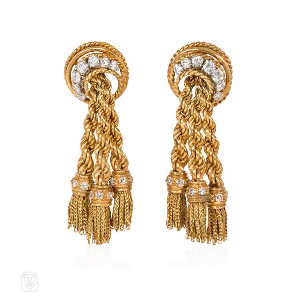 Minimalistic hoop ladies earrings-Gold and diamond tassel earrings, France