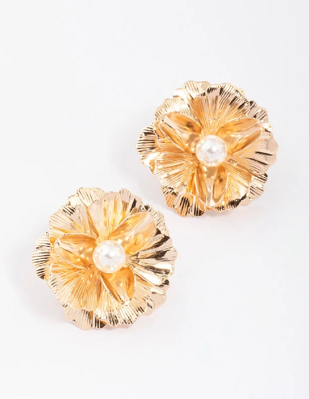 Gold ladies earrings for daily wear-Gold Foil Pearl Flower Stud Earrings