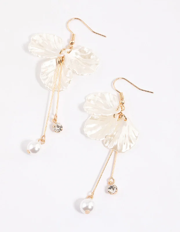 Custom design ladies earrings-White Pearl Petal Stick Drop Earrings