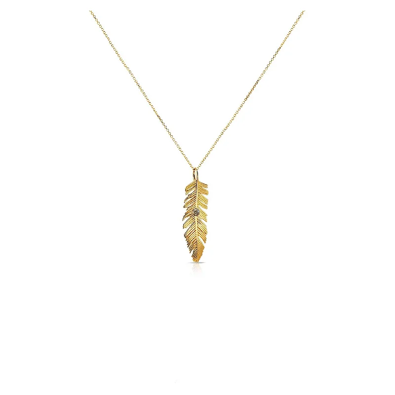 Beautiful diamond ladies necklaces-14k Bezel Set Feather Necklace