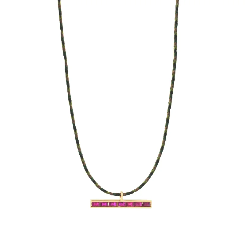 Custom design ladies necklaces-Ruby Baguette ID Bar on Army Cord Necklace