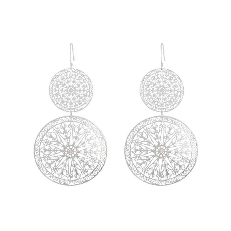 Dazzling diamond ladies earrings-Silver Filigree Statement Disc Drop Earrings